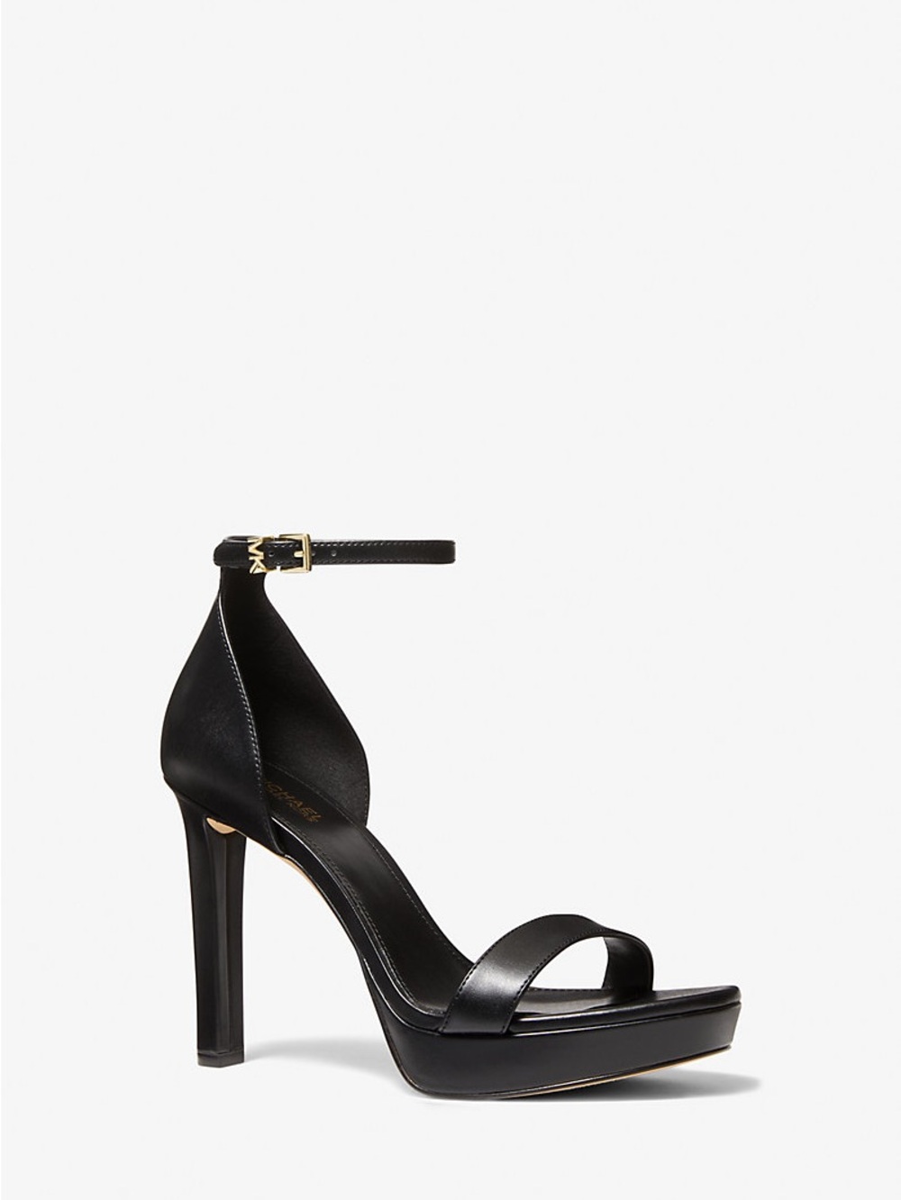 Michael Kors Margot Black Leather Ankle-Strap Platform Heel with Gold Buckle